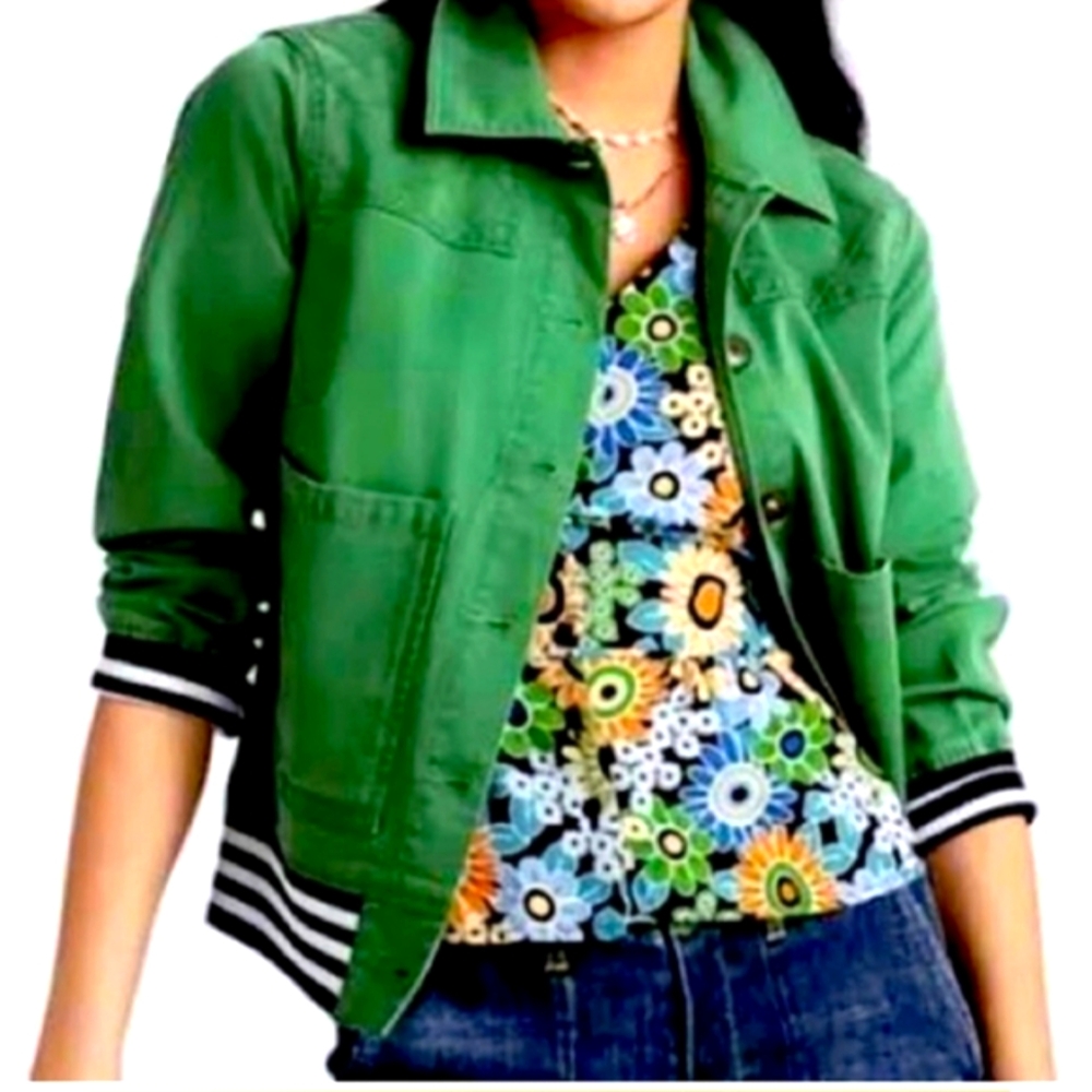 CAbi Green Jacket with Striped Trim